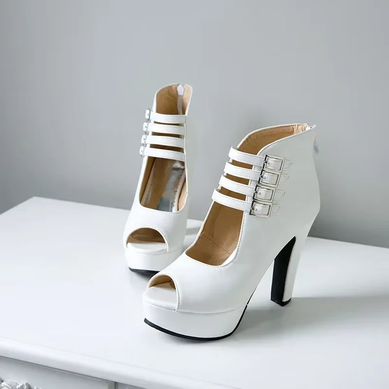 2025 Summer New Womens Ankle Boots Sandals High Quality PU Leather Buckle Strap Zip Stiletto Heels plus Size 35-46 Shoes
