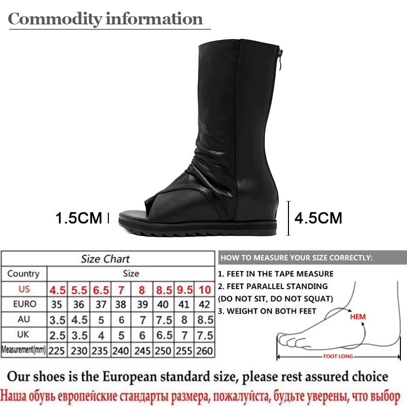 Zipper Design Black Women Shoes Wedges 2022 New Spring Autumn Open Toe Leather Mid-Calf Boots for Women Promotion Sale