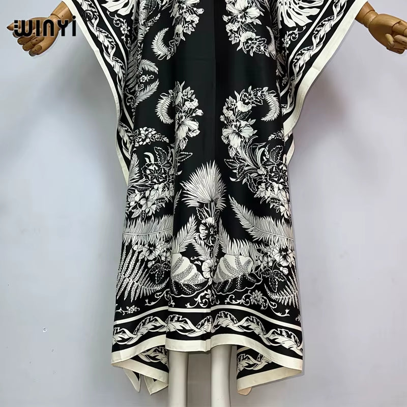 High Quality Summer Women Muslim Middle East Boho Popular Print Silk Kaftan Maxi Dress Beach Bohemian Printed Long Dress