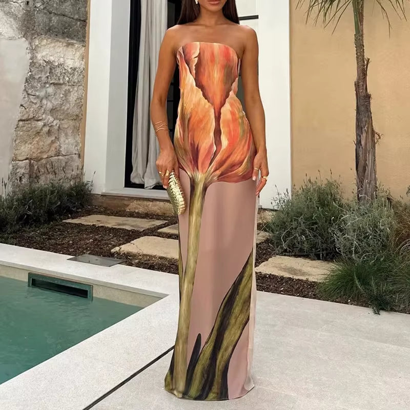 Sexy Strapless Backless Printed Long Dress Women Fashion Sleeveless off Shoulder Vestidos 2024 Summer Lady Party Evening Robes