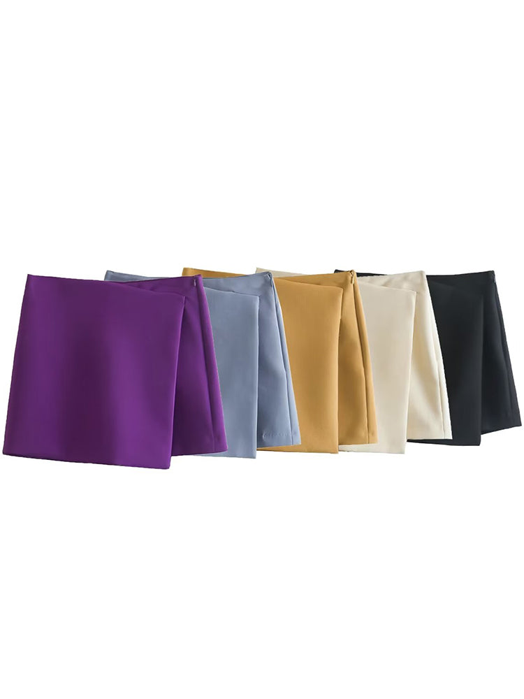 Willshela Women Fashion Solid Asymmetrical Side Zipper Skirts Shorts Vintage High Waist Female Chic Lady Shorts