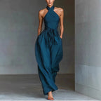 Summer New Elegant Jumpsuits For Women Fashion Solid Patchwork High Waist Halter Playsuits Sexy Backless Lace-Up Lady Bodysuits