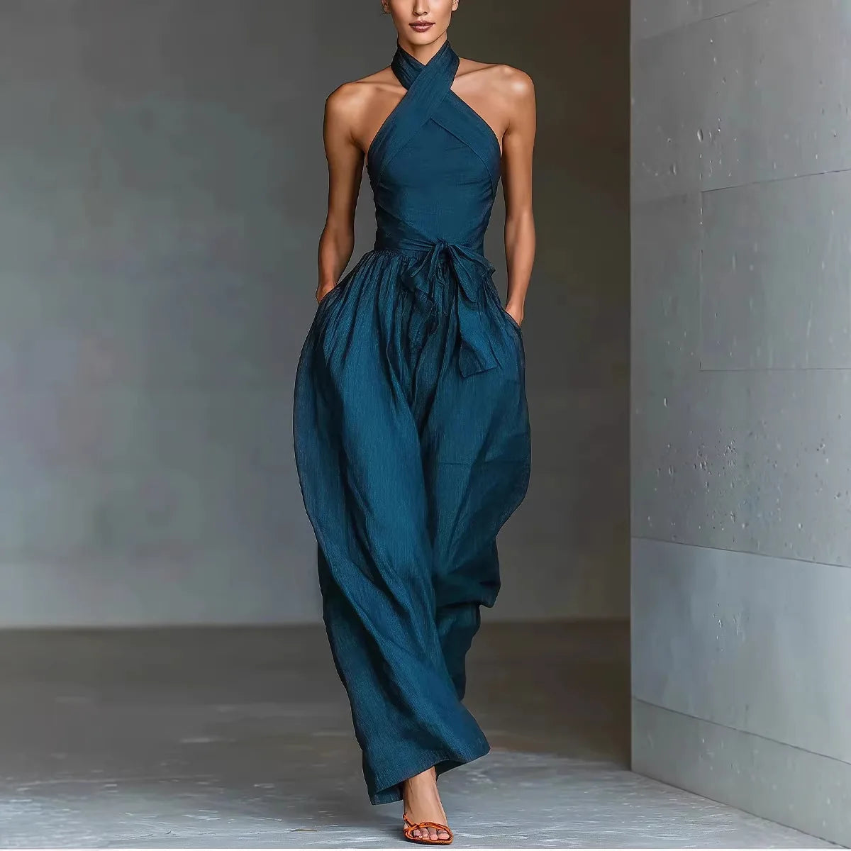 Summer New Elegant Jumpsuits For Women Fashion Solid Patchwork High Waist Halter Playsuits Sexy Backless Lace-Up Lady Bodysuits