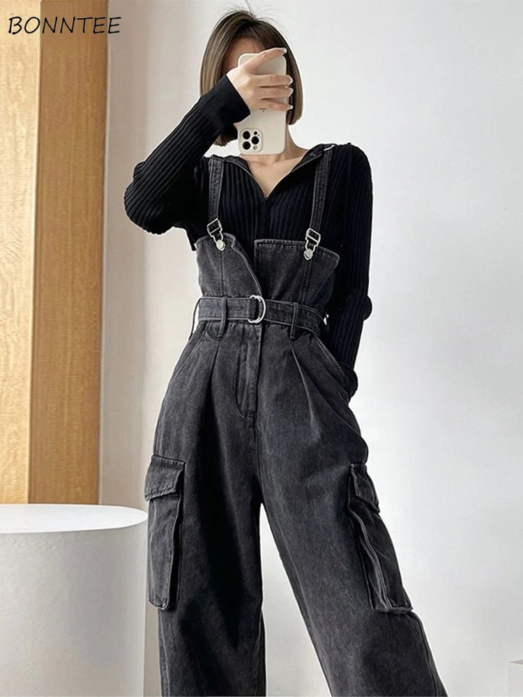 Jumpsuits Women Design Cool Autumn Simple All-match Belt Leisure Retro Korean Style Comfortable Classic Ladies Streetwear New