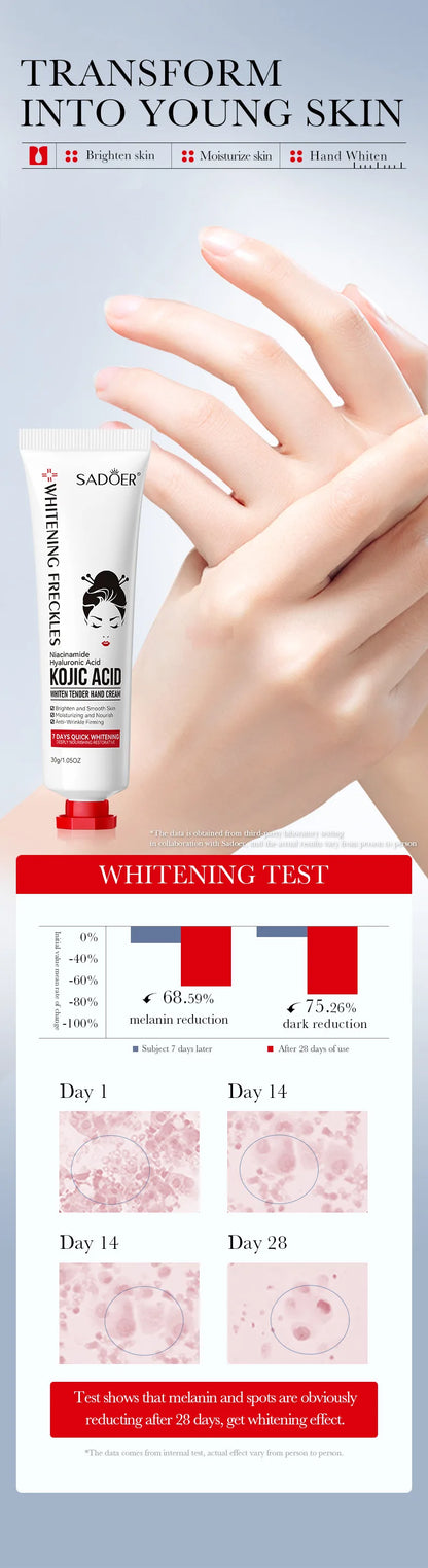 SADOER Kojic Acid Hand Cream Brightening Repair Dry Rough Skin Moisturizing Nourishing Smoothing Hydrating Daily Hand Care 30g