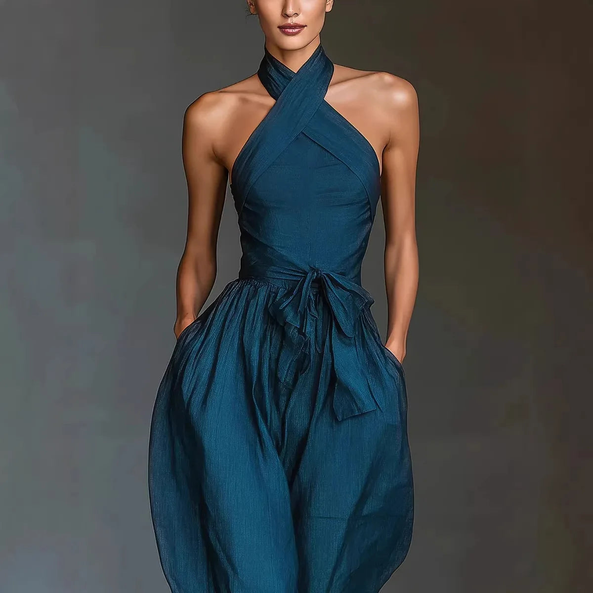 Summer New Elegant Jumpsuits For Women Fashion Solid Patchwork High Waist Halter Playsuits Sexy Backless Lace-Up Lady Bodysuits