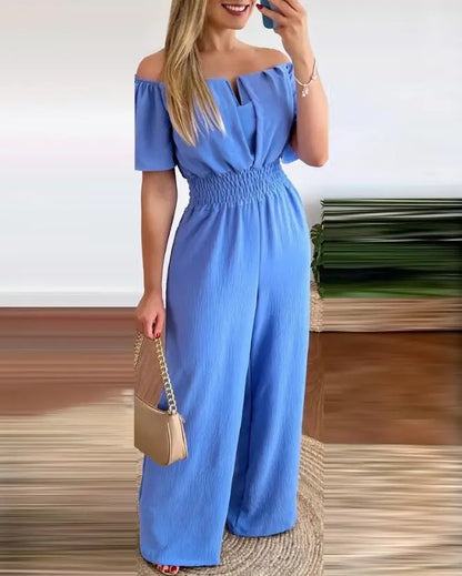 Jumpsuits for Women 2025 Spring Fashion Off Shoulder Casual Plain Short Sleeve Shirred Waist Daily Long Wide Leg Jumpsuit 2025