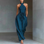 Summer New Elegant Jumpsuits For Women Fashion Solid Patchwork High Waist Halter Playsuits Sexy Backless Lace-Up Lady Bodysuits