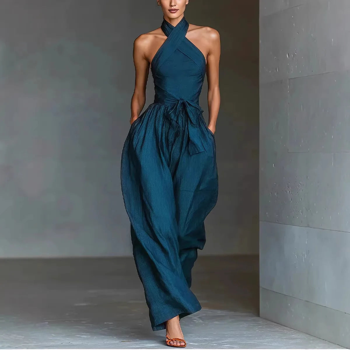 Summer New Elegant Jumpsuits For Women Fashion Solid Patchwork High Waist Halter Playsuits Sexy Backless Lace-Up Lady Bodysuits