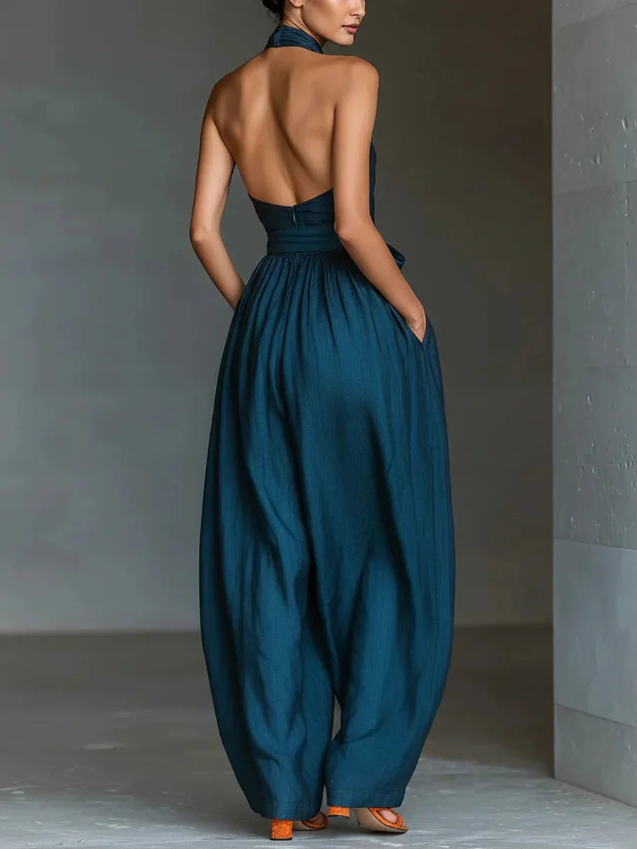 Summer New Elegant Jumpsuits For Women Fashion Solid Patchwork High Waist Halter Playsuits Sexy Backless Lace-Up Lady Bodysuits