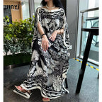 High Quality Summer Women Muslim Middle East Boho Popular Print Silk Kaftan Maxi Dress Beach Bohemian Printed Long Dress