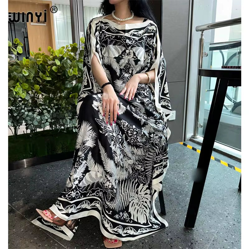 High Quality Summer Women Muslim Middle East Boho Popular Print Silk Kaftan Maxi Dress Beach Bohemian Printed Long Dress