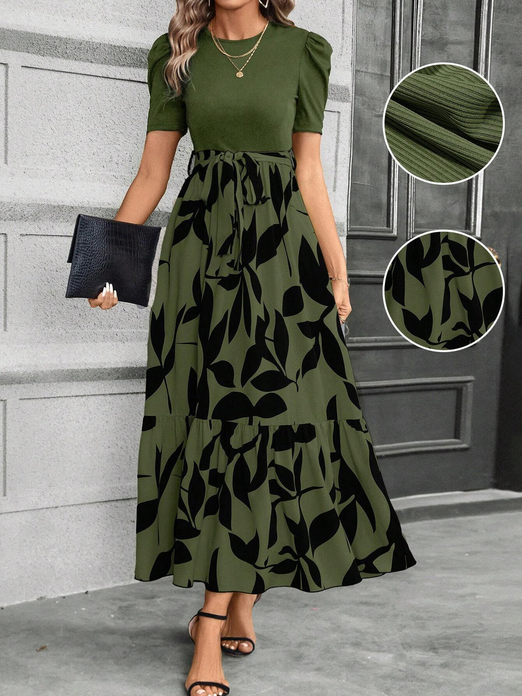 LUNE Women'S Stylish Patchwork Leaf Printed Long Dress