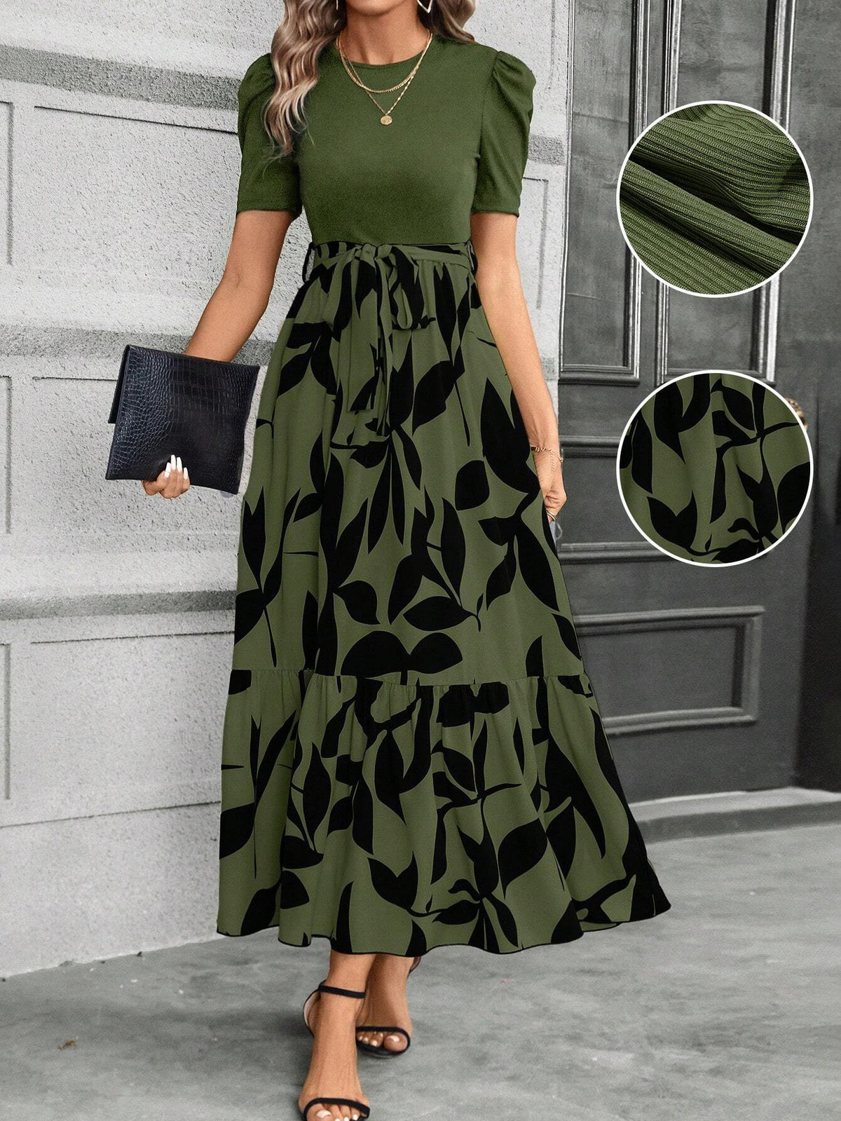 LUNE Women'S Stylish Patchwork Leaf Printed Long Dress