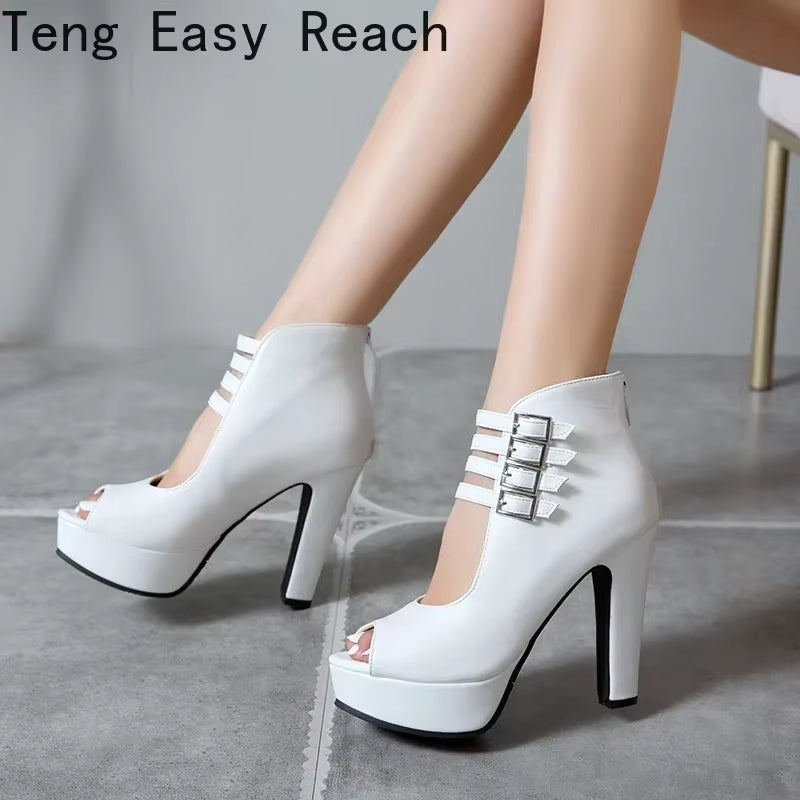 2025 Summer New Womens Ankle Boots Sandals High Quality PU Leather Buckle Strap Zip Stiletto Heels plus Size 35-46 Shoes