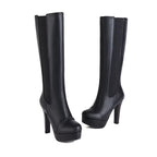 Womens Designer Boots Leather round Toe Zip Knee High Boots High Heels Gothic Shoes Fashion Sexy Super Big Size 50 702