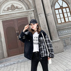 Stitched Plaid Denim Jacket For Girls Loose