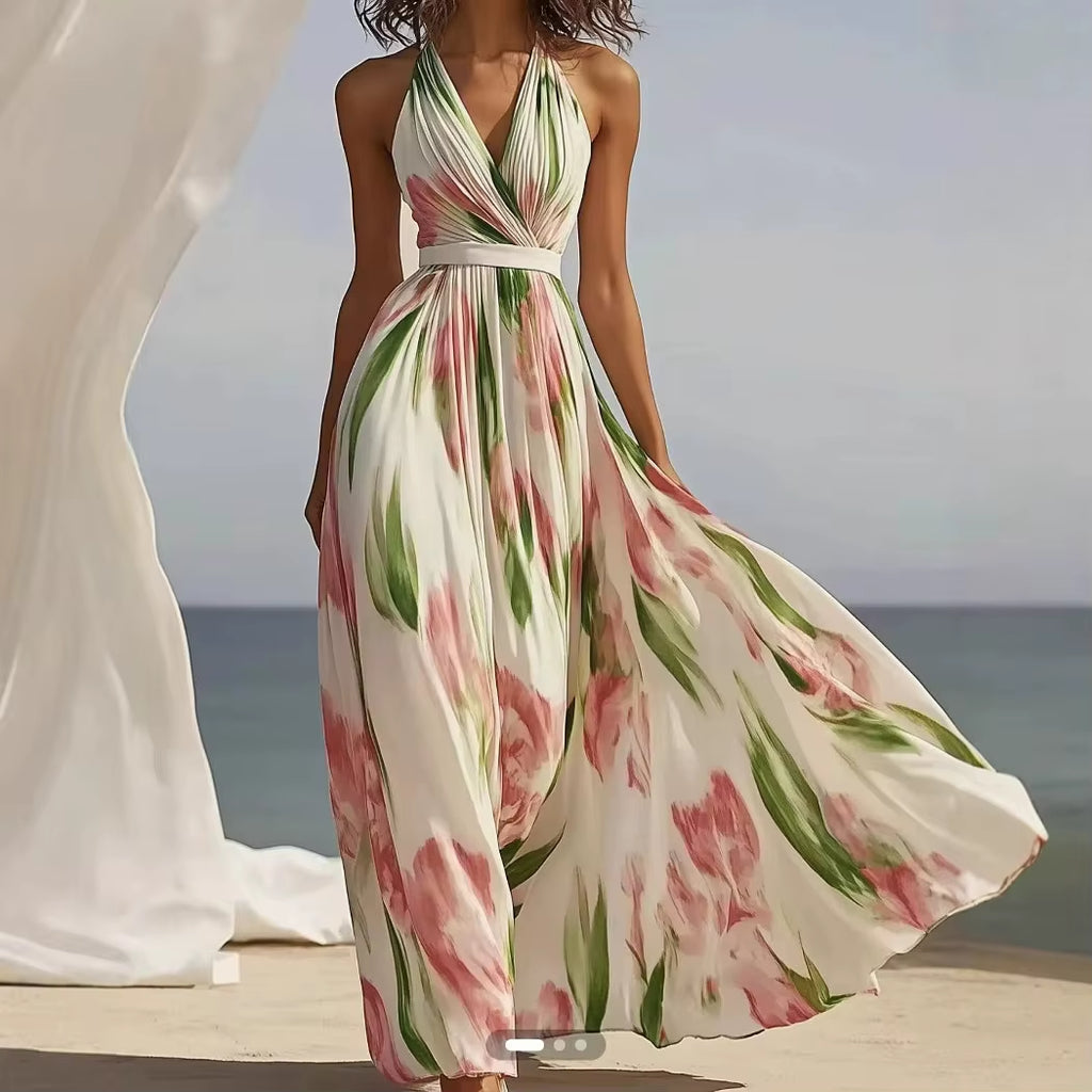 Summer Women'S V-Neck Fashionable Printed Vacation Style Long Suspender Dress 2025 Elegant Temperament Printed Long Dress