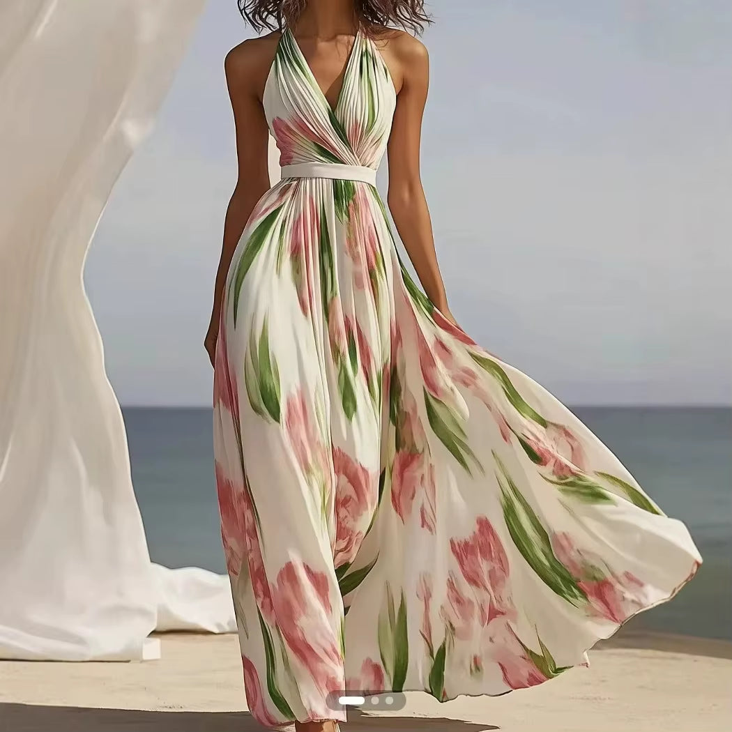 Summer Women'S V-Neck Fashionable Printed Vacation Style Long Suspender Dress 2025 Elegant Temperament Printed Long Dress