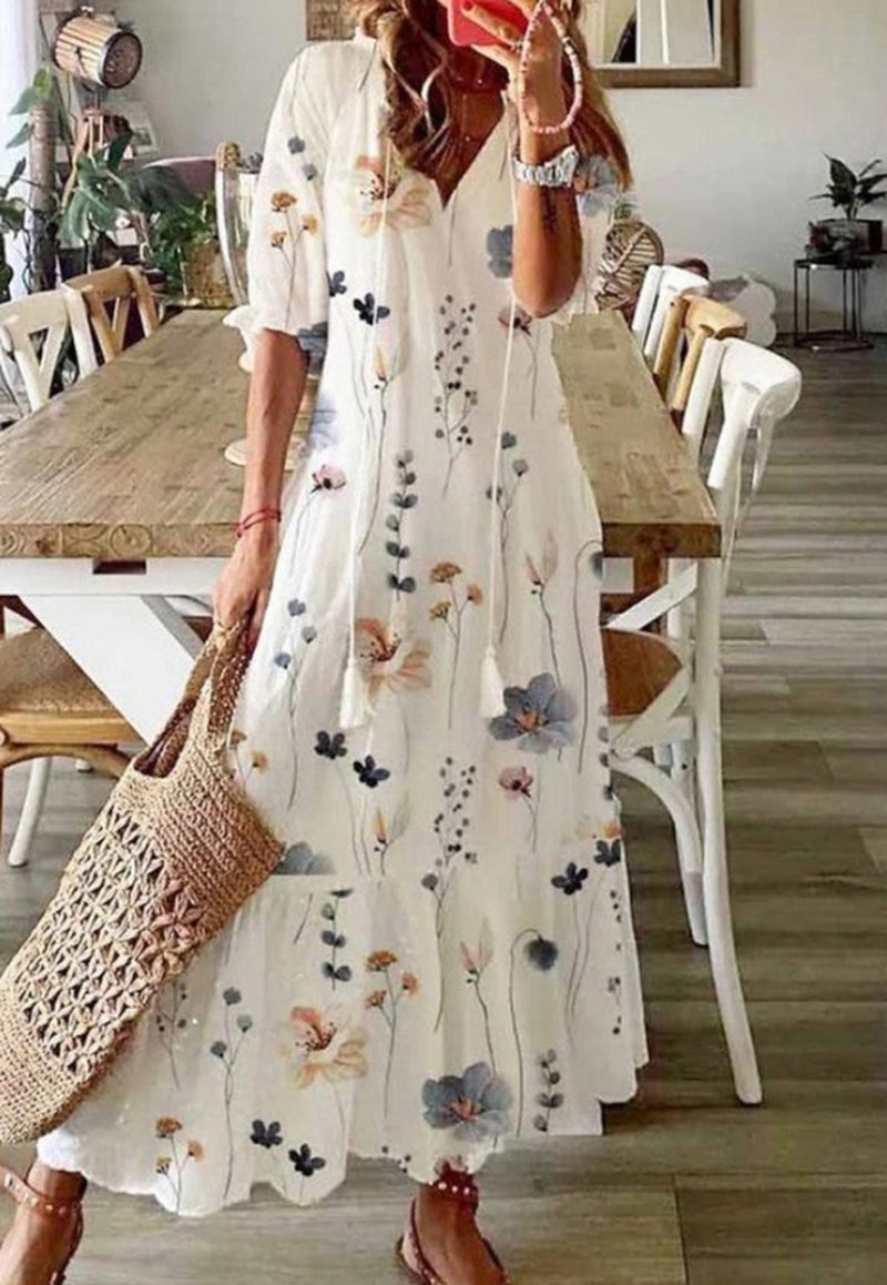Women'S Printed Medium Sleeve Long Dress