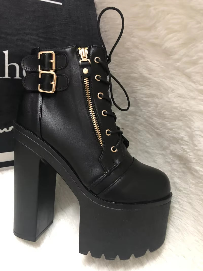 European and American Nightclub Sexy Ankle Boots 2025 Fall New 16 Cm Super High Heel Womens Boots Crude Heel Lace-Up Short Boots
