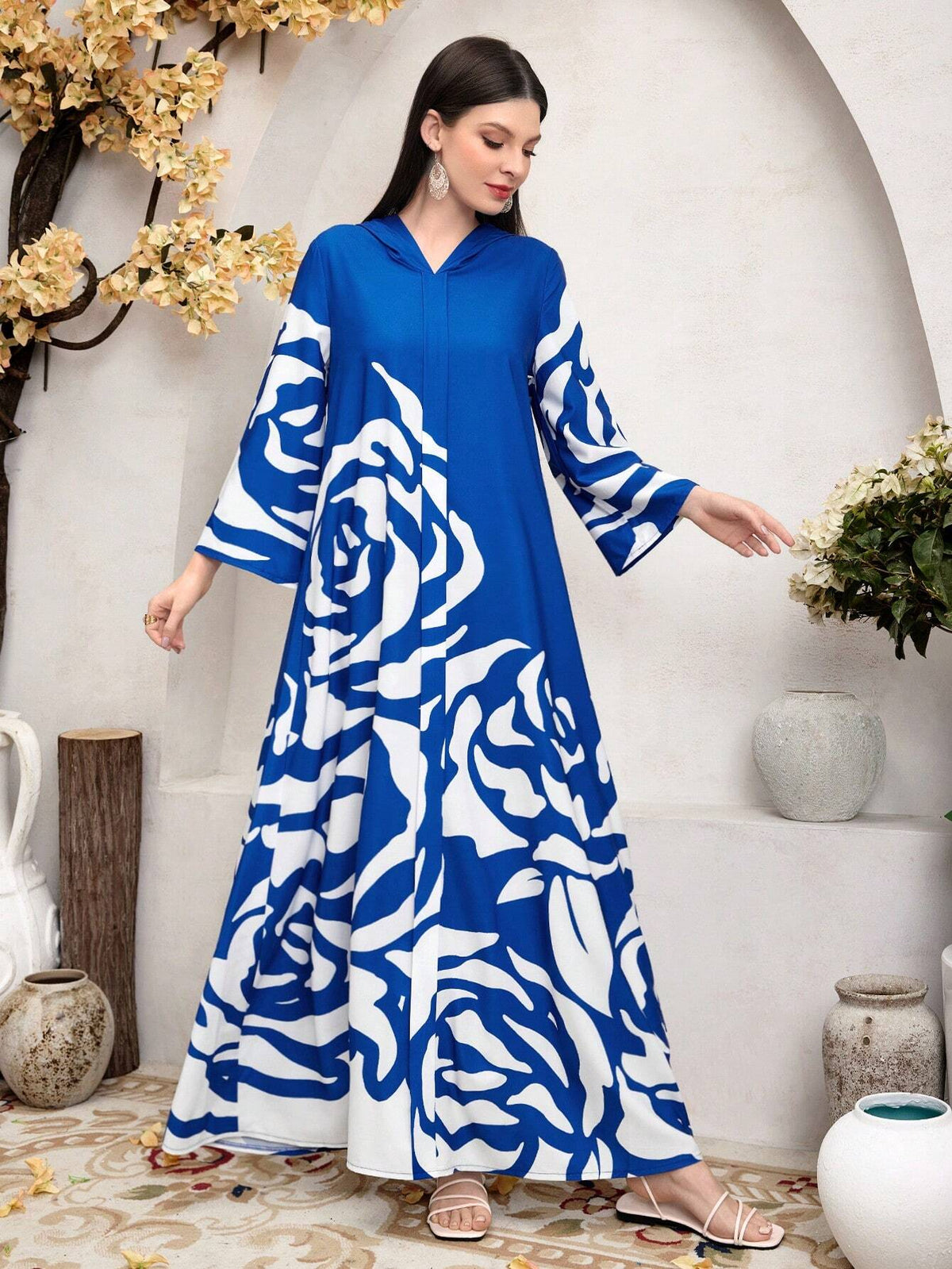 Mulvari Pattern Printed Hooded Modest Long Sleeve Dress