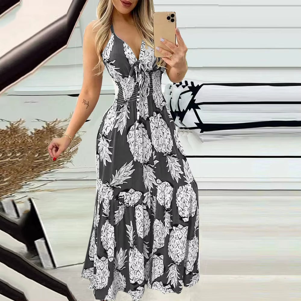2023 Cross Border New European and American Amazon Hanging Neck, Bra, Strap, High Waist Printed Long Dress, Sexy Women'S Dress
