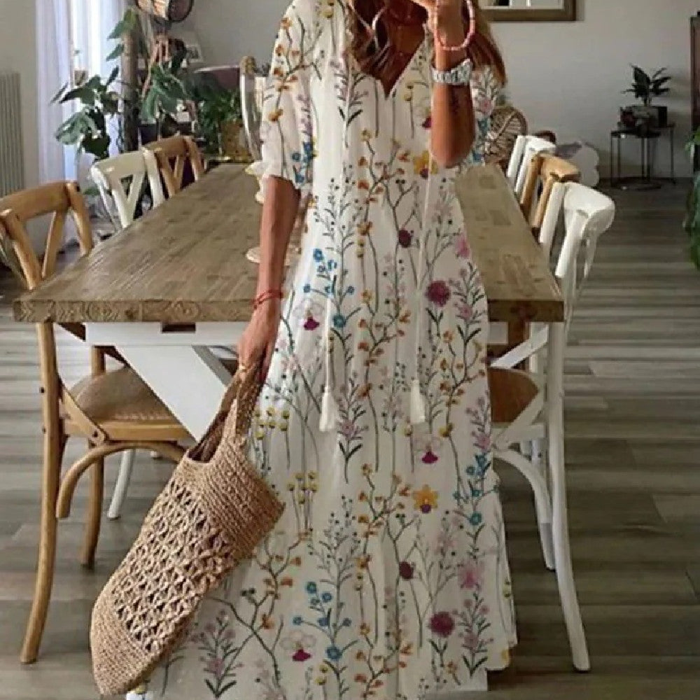 Women'S Printed Medium Sleeve Long Dress