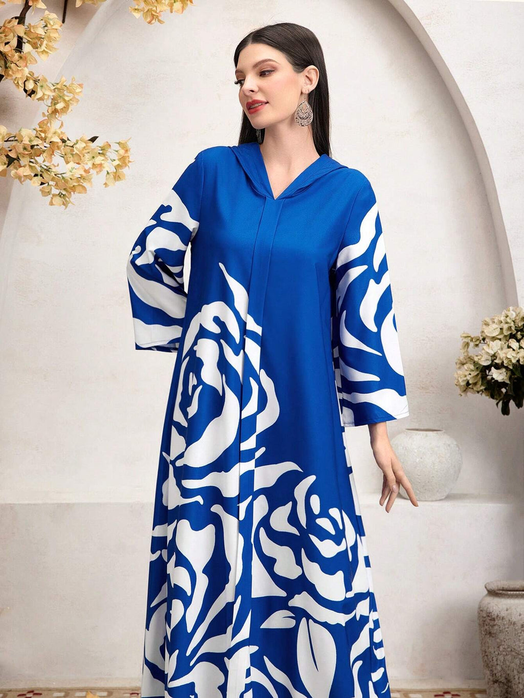 Mulvari Pattern Printed Hooded Modest Long Sleeve Dress