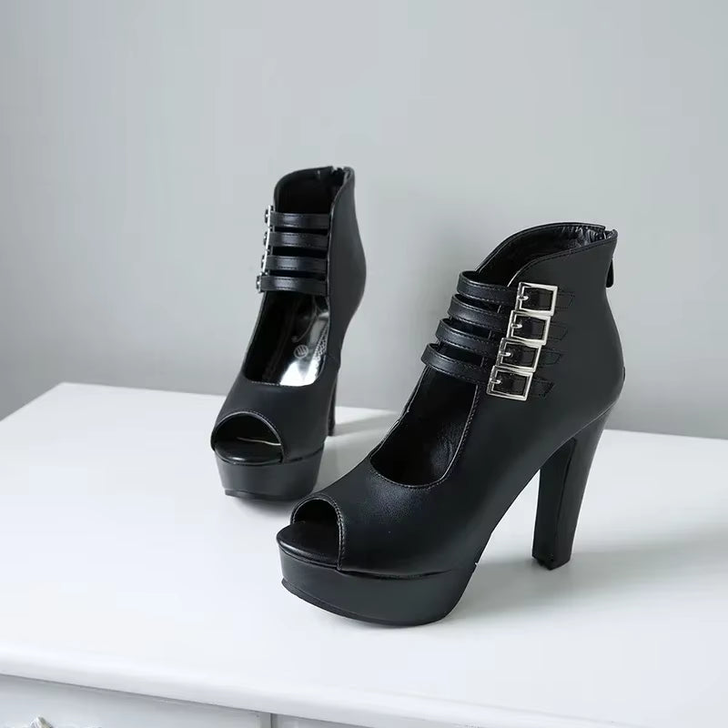 2025 Summer New Womens Ankle Boots Sandals High Quality PU Leather Buckle Strap Zip Stiletto Heels plus Size 35-46 Shoes