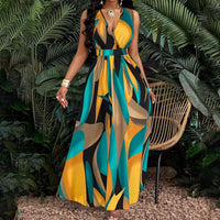 Fashionable Temperament Printed Waist Cinching Dress, Summer V-Neck Elegant Vacation Style Long Printed Dress for Women