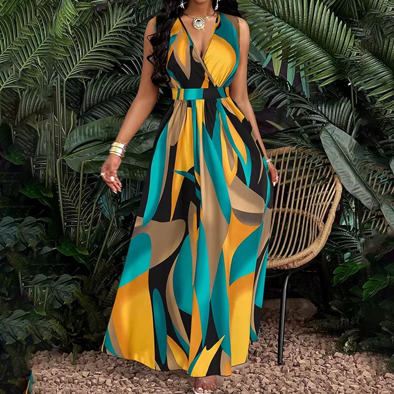 Fashionable Temperament Printed Waist Cinching Dress, Summer V-Neck Elegant Vacation Style Long Printed Dress for Women