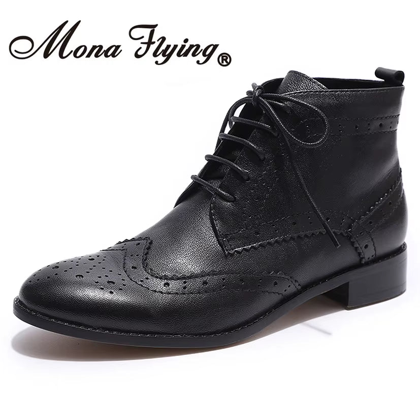 Womens Genuine Leather Brogue Boots Ankle High Fashion Lace up Oxford Booties Low Heel for Ladies Short Boots 068-65