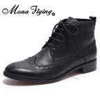 Womens Genuine Leather Brogue Boots Ankle High Fashion Lace up Oxford Booties Low Heel for Ladies Short Boots 068-65