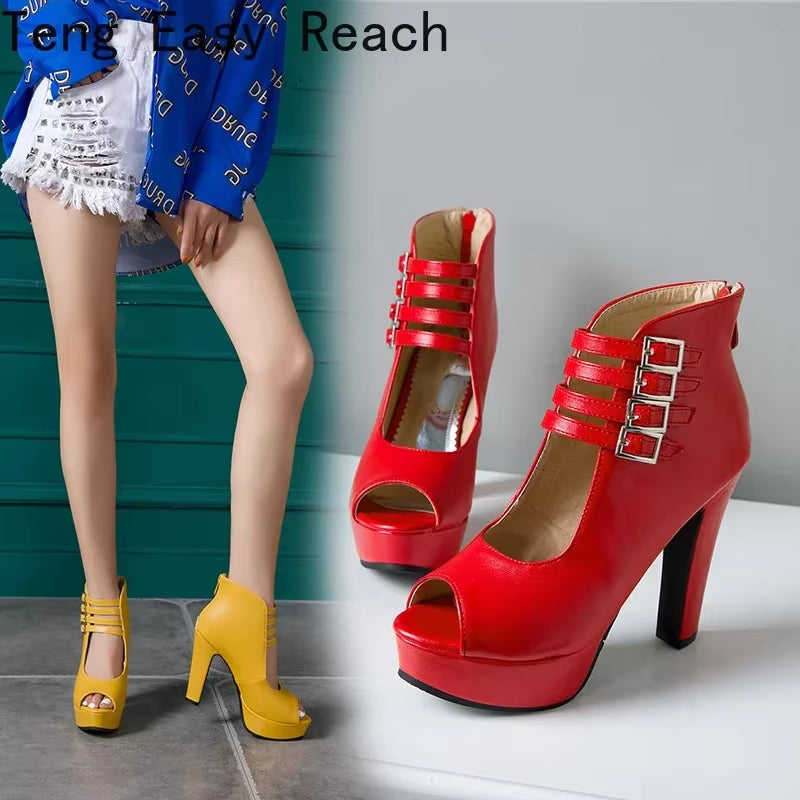 2025 Summer New Womens Ankle Boots Sandals High Quality PU Leather Buckle Strap Zip Stiletto Heels plus Size 35-46 Shoes