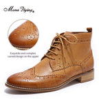 Womens Genuine Leather Brogue Boots Ankle High Fashion Lace up Oxford Booties Low Heel for Ladies Short Boots 068-65