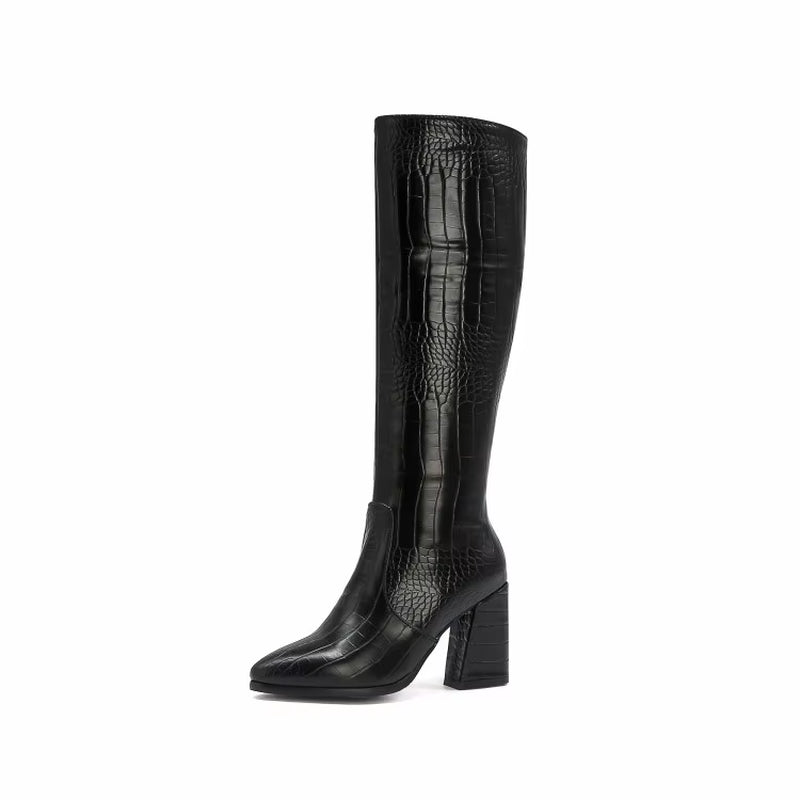 Green Yellow Boots for Woman Snake Skin PU Leather Block High Heels Zipper Womens Winter Boots Knee High Long Boots