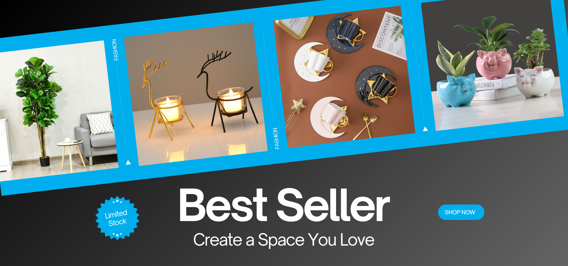 Best seller home decor banner featuring modern furniture, decorative candle holders, tableware, and aesthetic plant pots