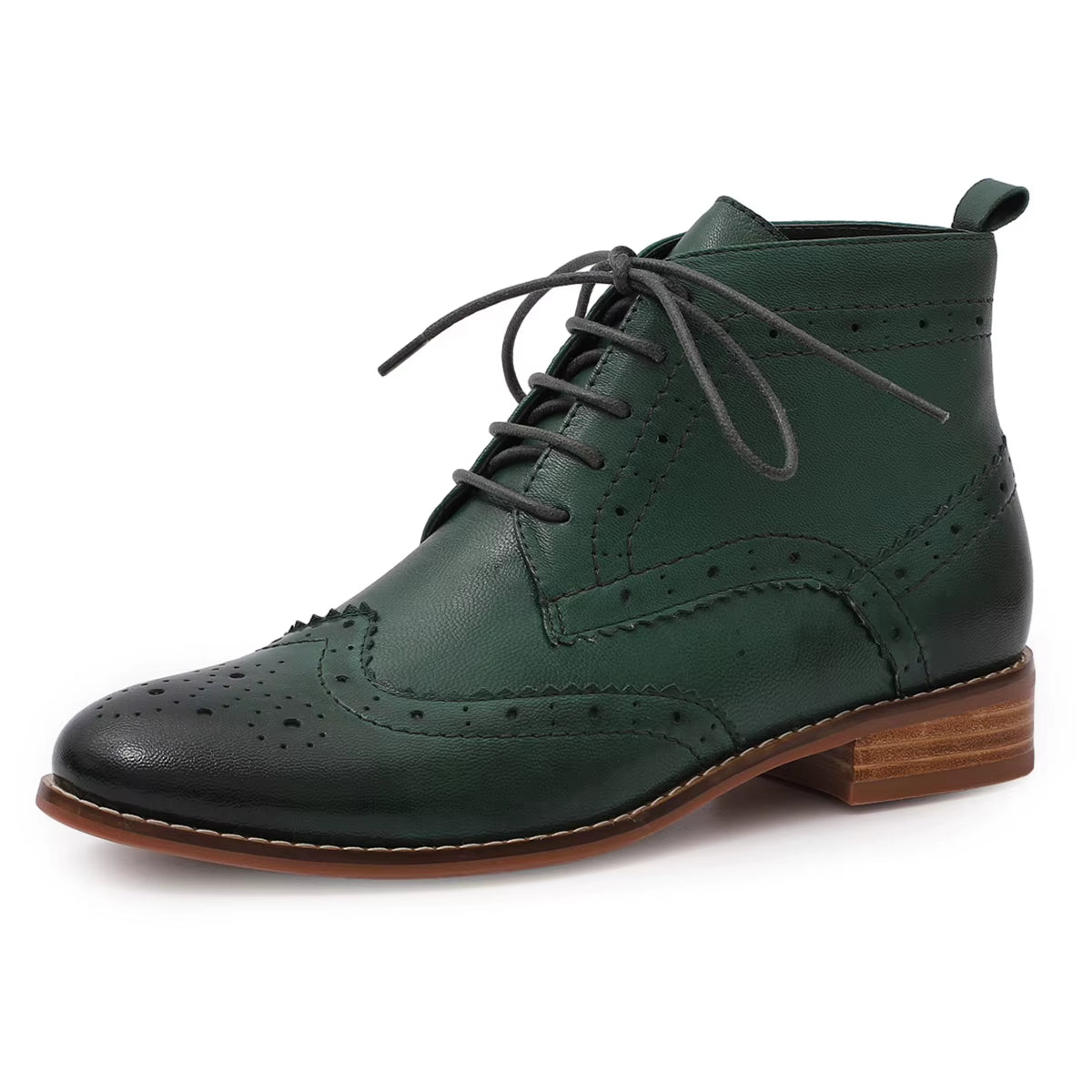 Womens Genuine Leather Brogue Boots Ankle High Fashion Lace up Oxford Booties Low Heel for Ladies Short Boots 068-65