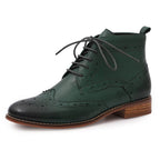 Womens Genuine Leather Brogue Boots Ankle High Fashion Lace up Oxford Booties Low Heel for Ladies Short Boots 068-65