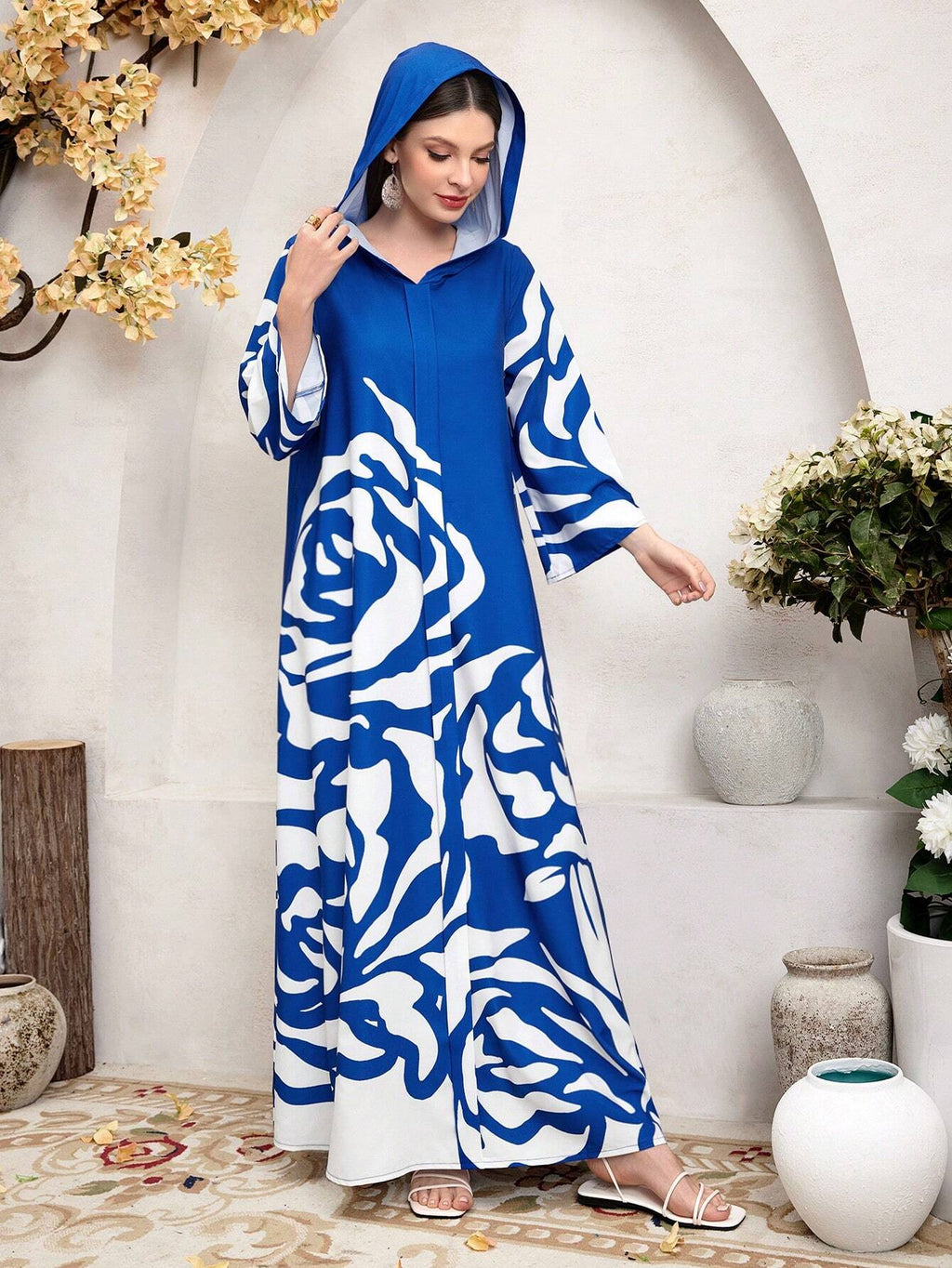 Mulvari Pattern Printed Hooded Modest Long Sleeve Dress