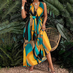 Fashionable Temperament Printed Waist Cinching Dress, Summer V-Neck Elegant Vacation Style Long Printed Dress for Women