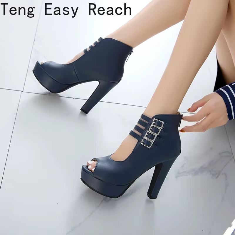 2025 Summer New Womens Ankle Boots Sandals High Quality PU Leather Buckle Strap Zip Stiletto Heels plus Size 35-46 Shoes
