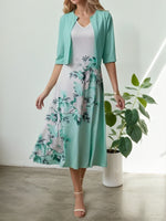 2025 New Women'S round Neck Printed Dress Set, Solid Color Long Sleeve Cardan Printed Tank Top Dress Set