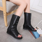 Zipper Design Black Women Shoes Wedges 2022 New Spring Autumn Open Toe Leather Mid-Calf Boots for Women Promotion Sale