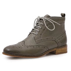 Womens Genuine Leather Brogue Boots Ankle High Fashion Lace up Oxford Booties Low Heel for Ladies Short Boots 068-65