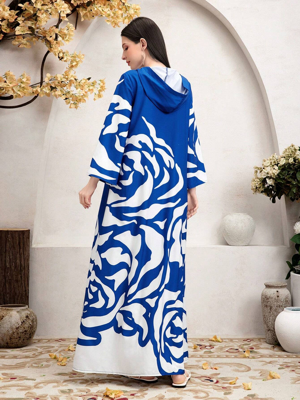 Mulvari Pattern Printed Hooded Modest Long Sleeve Dress