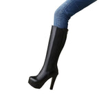 Womens Designer Boots Leather round Toe Zip Knee High Boots High Heels Gothic Shoes Fashion Sexy Super Big Size 50 702