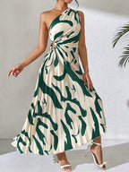 Breezaya Summer Asymmetric Neckline Pleated Hollow Out Printed Long Dress Maxi Women Outfit