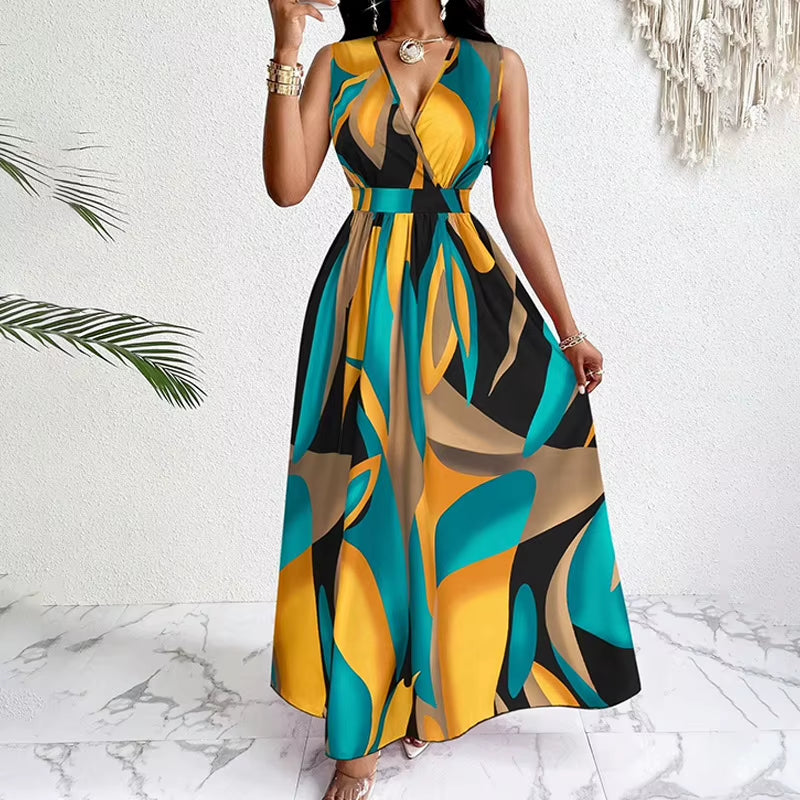 Fashionable Temperament Printed Waist Cinching Dress, Summer V-Neck Elegant Vacation Style Long Printed Dress for Women